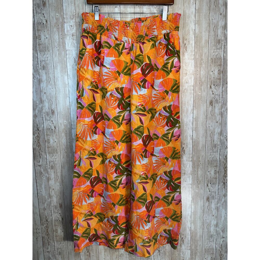 C&C California Linen Pants Womens Small Orange Tropical Wide Leg‎ Smocked floral